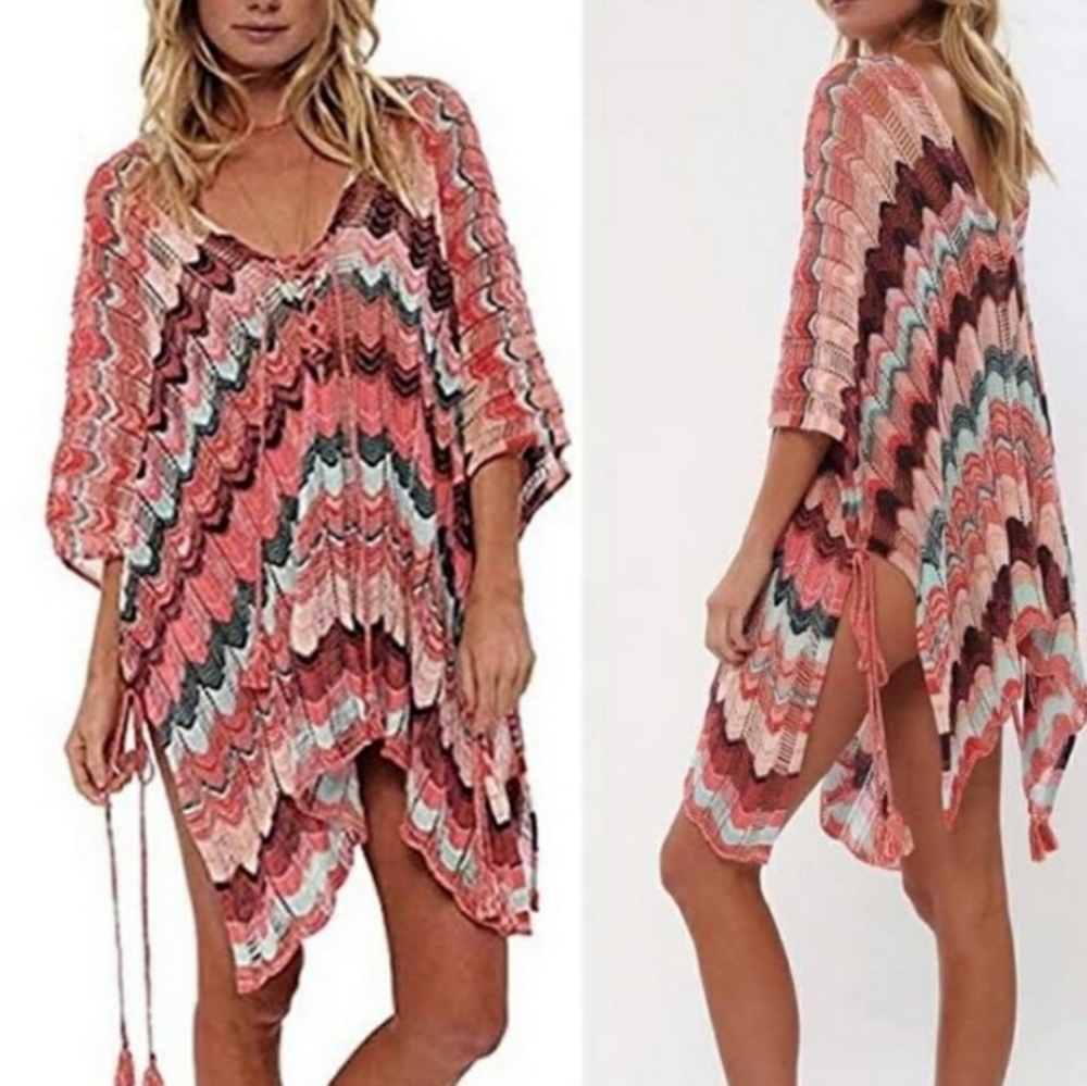 NWT Paparazzi by Biz Crochet Coverup Poncho Burgundy Aqua Peach One Size